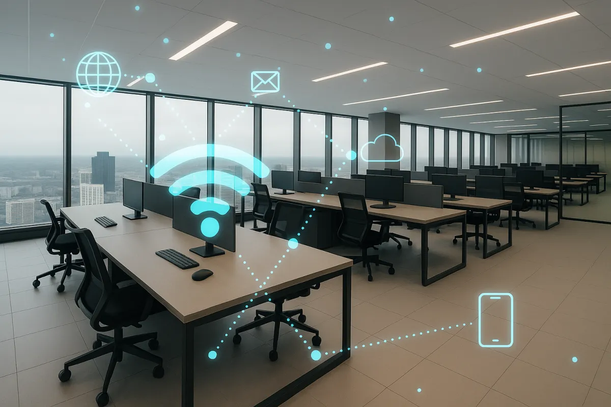 Open-plan office workstations with a wireless and cloud connectivity graphic overlay