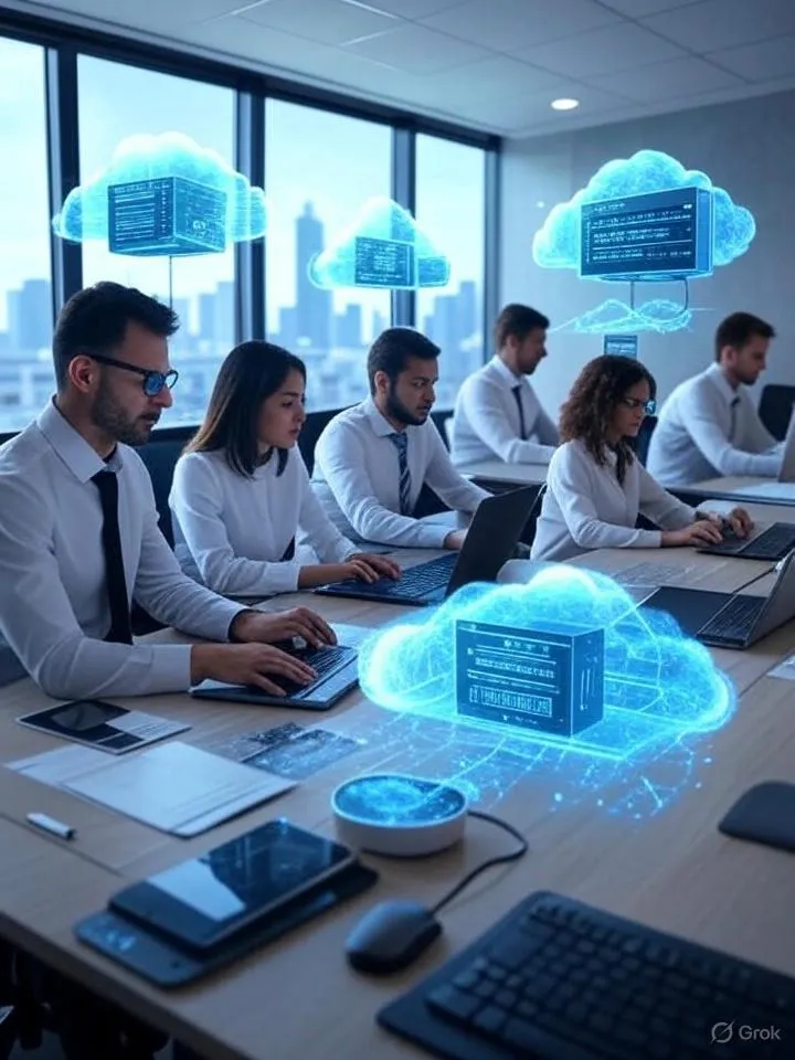 Illustration of professionals at laptops with cloud computing graphics